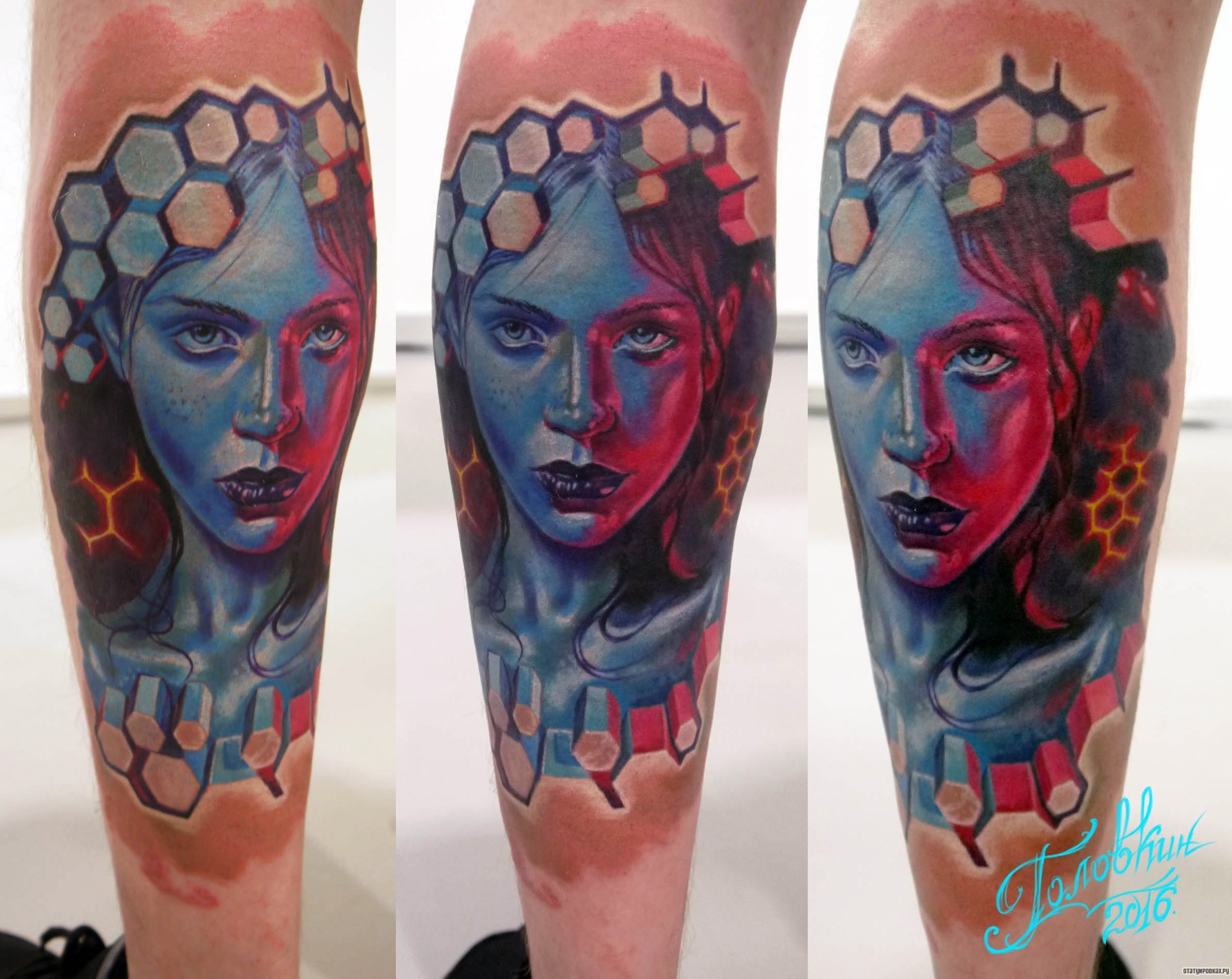 Фотография татуировки под названием «Девушка с синим лицом»