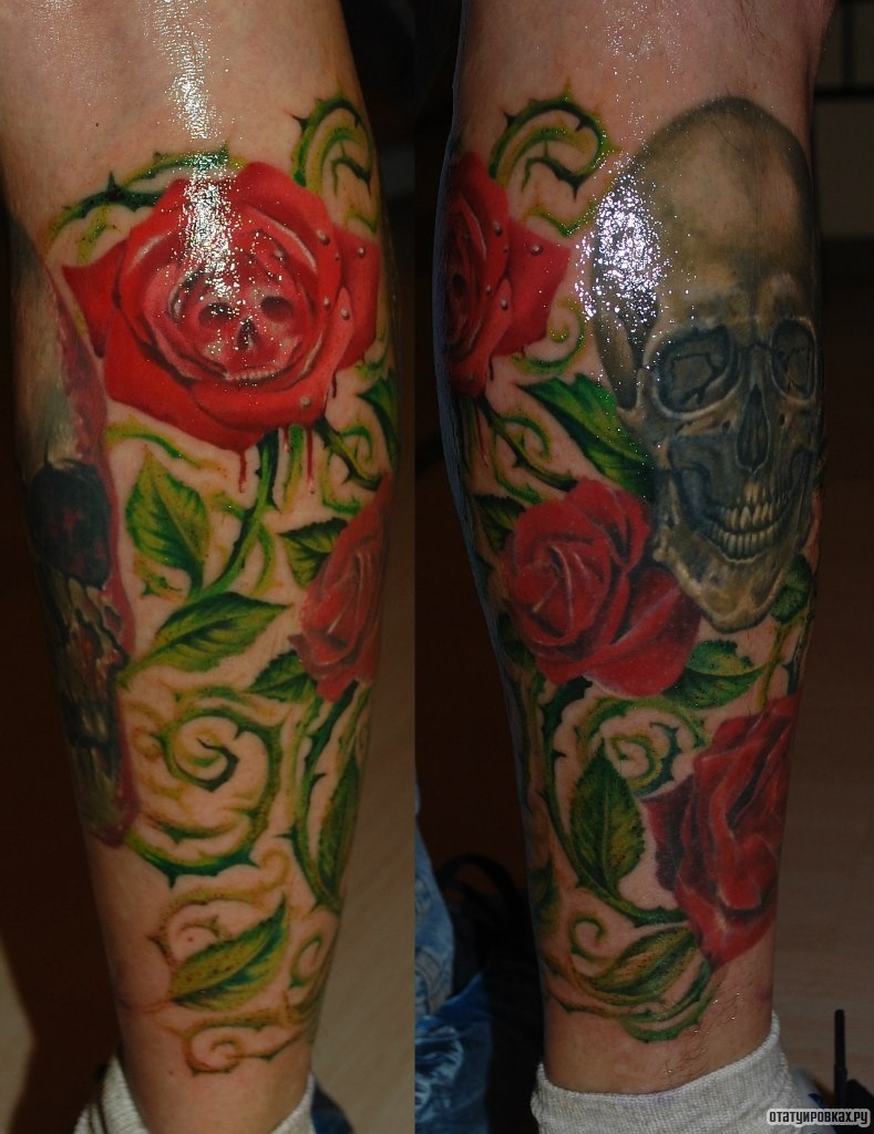 Фотография татуировки под названием «Красные розы с черепом»