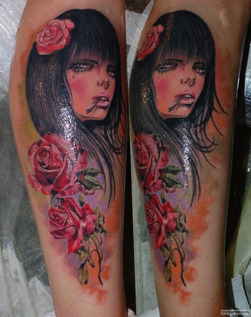 Фотография татуировки под названием «Девушка с розой на голове и сигаретой во рту»