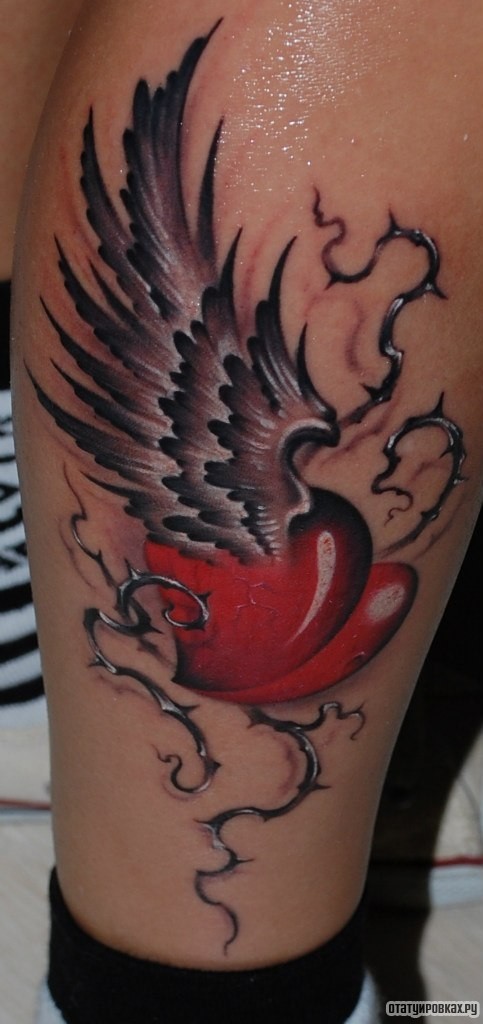 Фотография татуировки под названием «Сердце с шипами и крыльями»