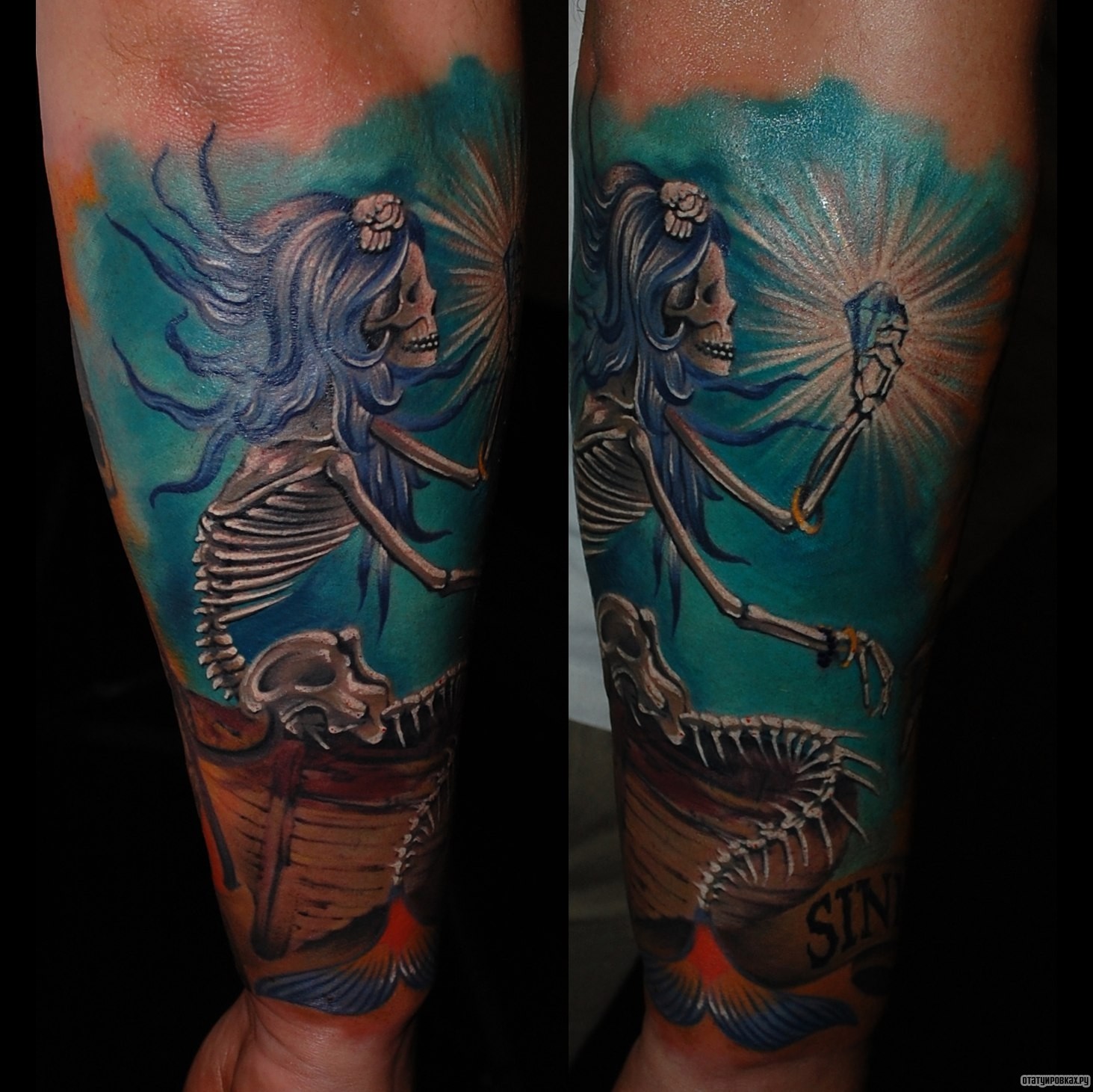 Фотография татуировки под названием «Русалка скелет с фонарем»