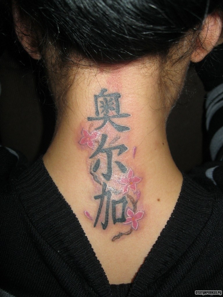 Фотография татуировки под названием «Иероглифы и сакура»