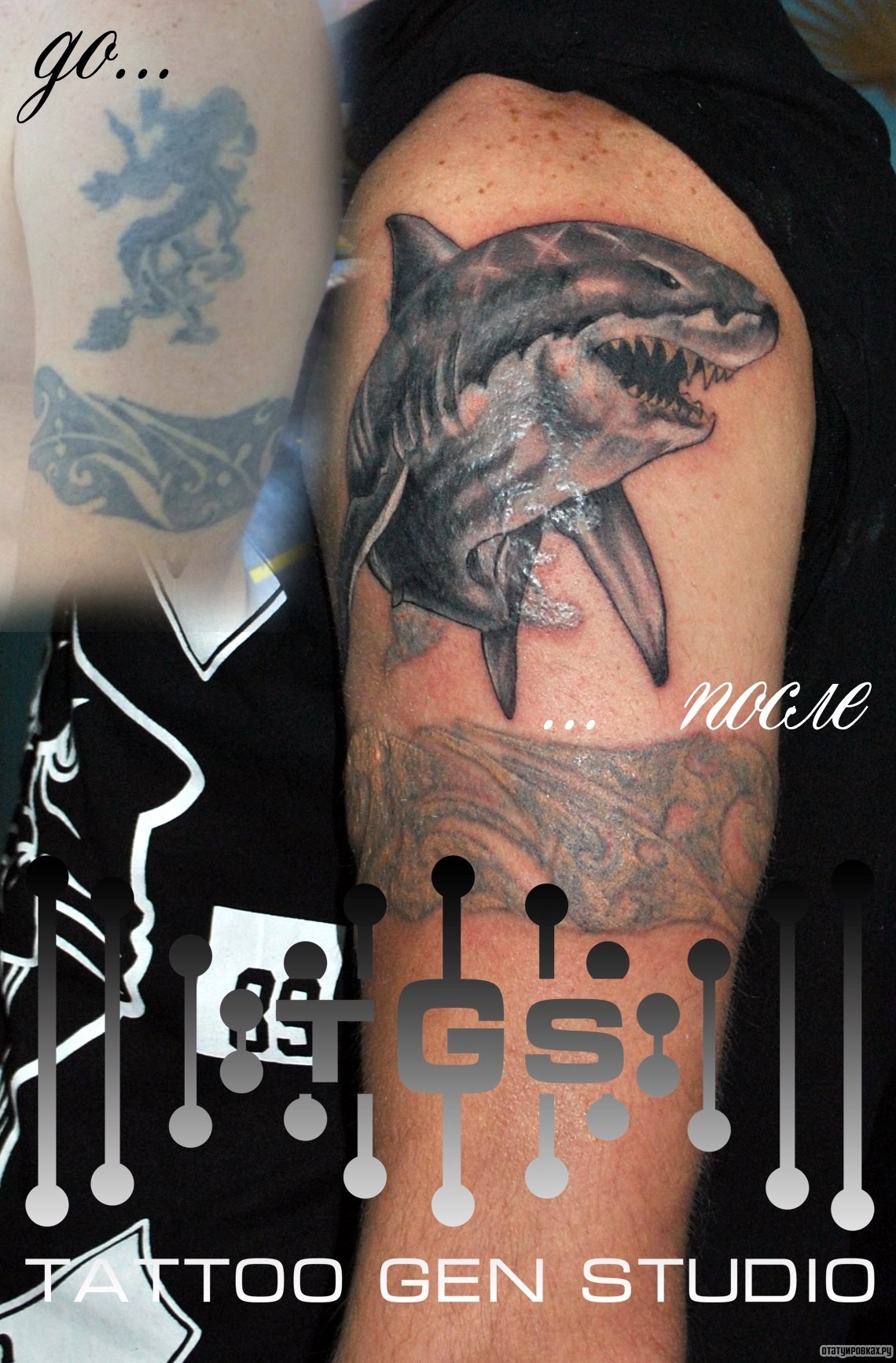 Фотография татуировки под названием «Акула с открытой пастью»