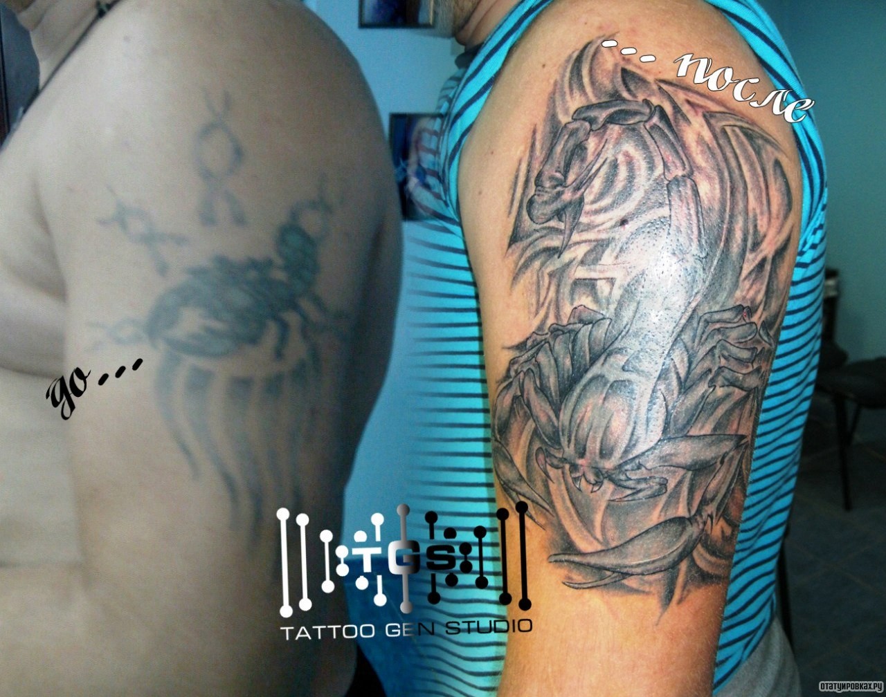 Фотография татуировки под названием «Скорпион и трайбл узор»