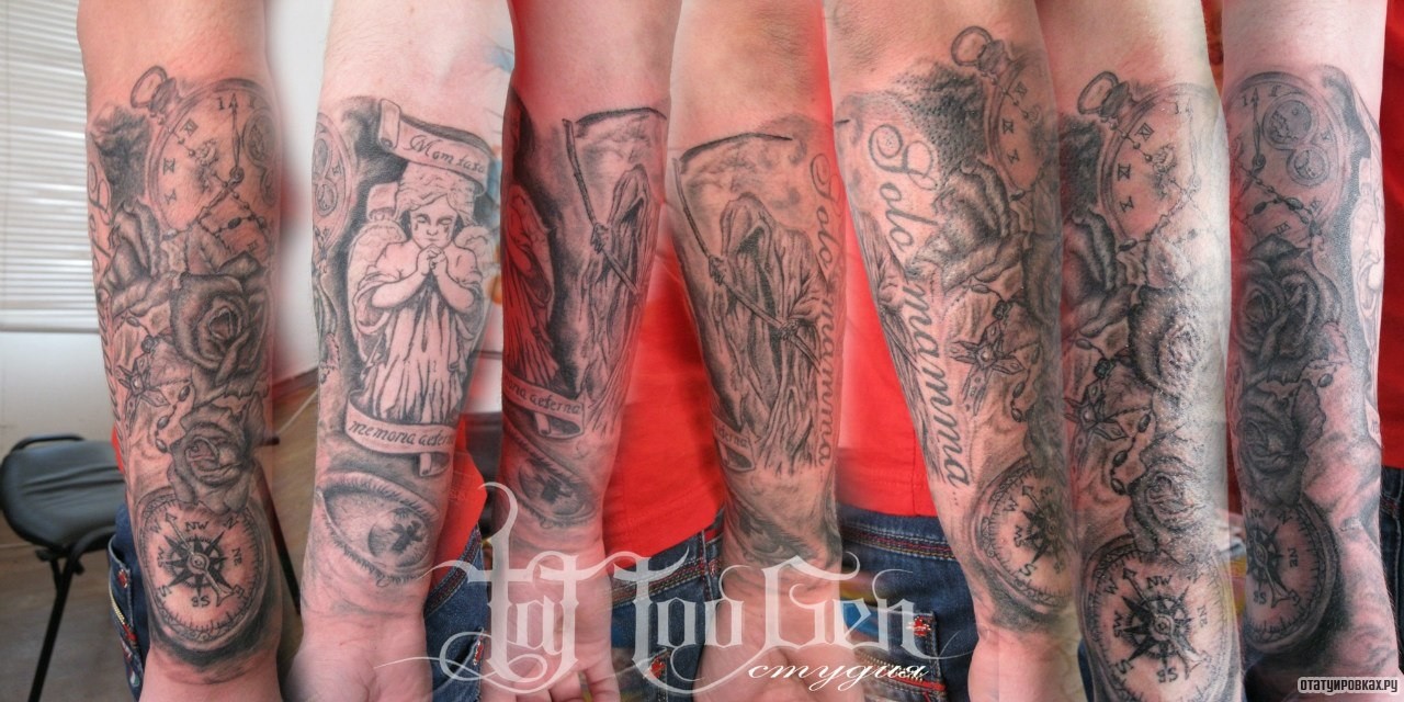 Фотография татуировки под названием «Ангел, вмерть, часы и розы»