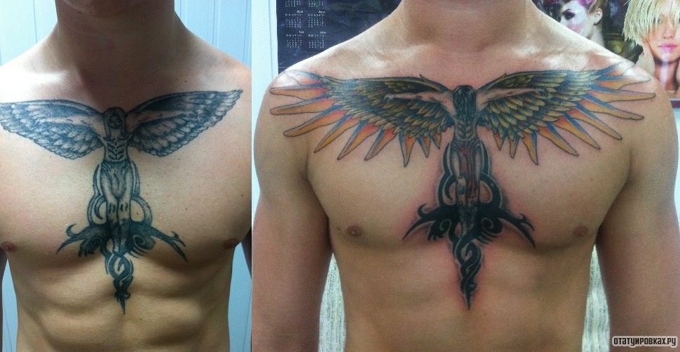 Фотография татуировки под названием «Архангел и трайбл узор»