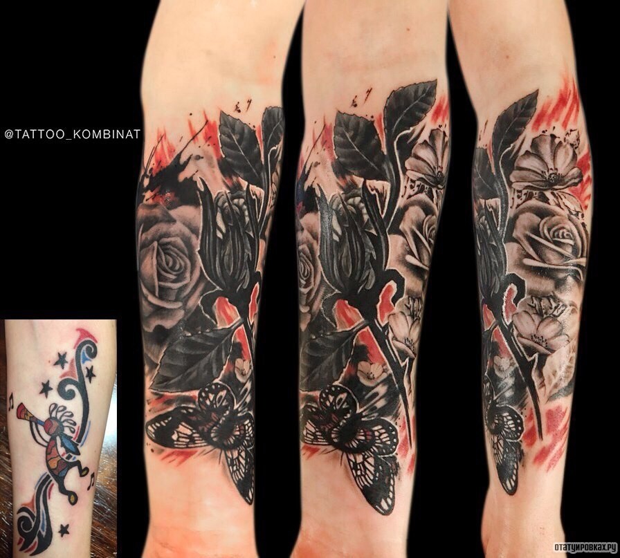 Фотография татуировки под названием «Розы и бабочка»
