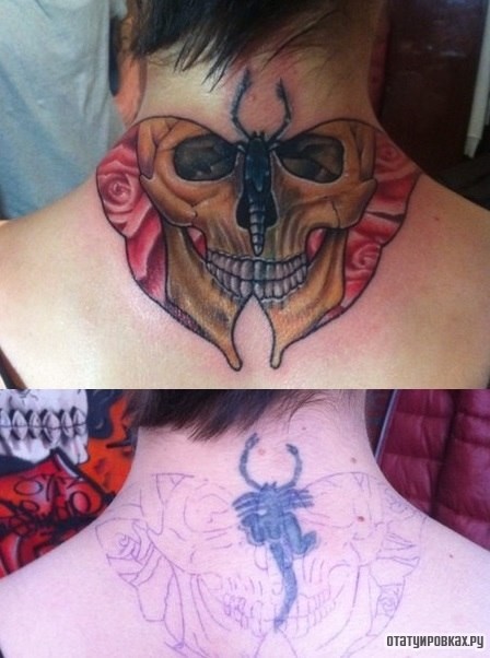 Фотография татуировки под названием «Маска черепа в виде бабочки»