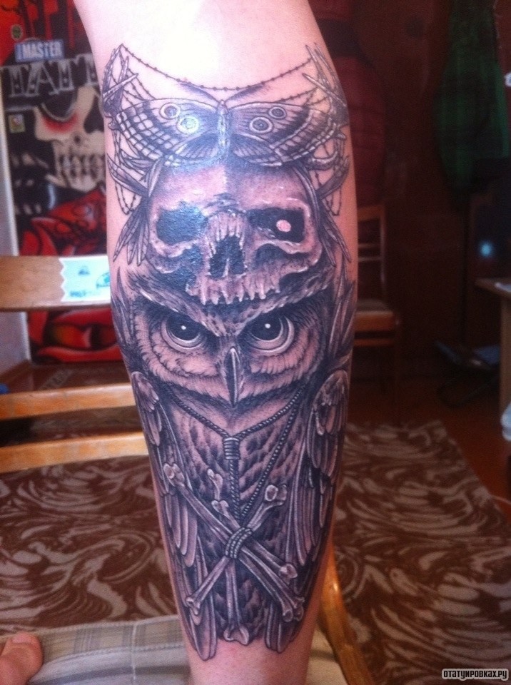 Фотография татуировки под названием «Сова, череп и бабочка»