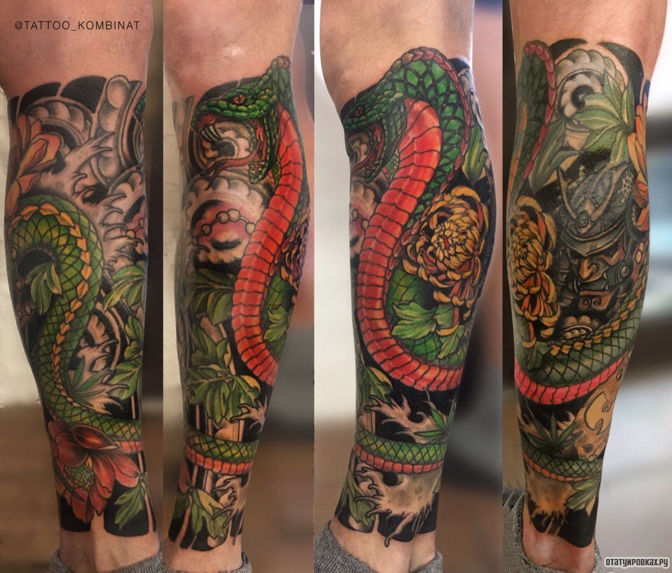 Фотография татуировки под названием «Зеленая змея и цветы»