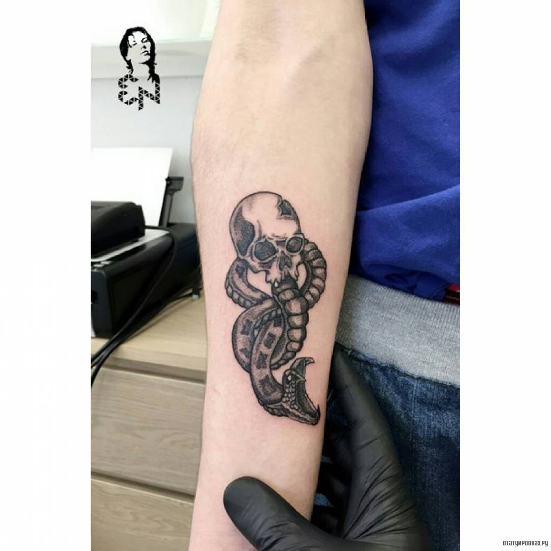 Фотография татуировки под названием «Череп со змеей»