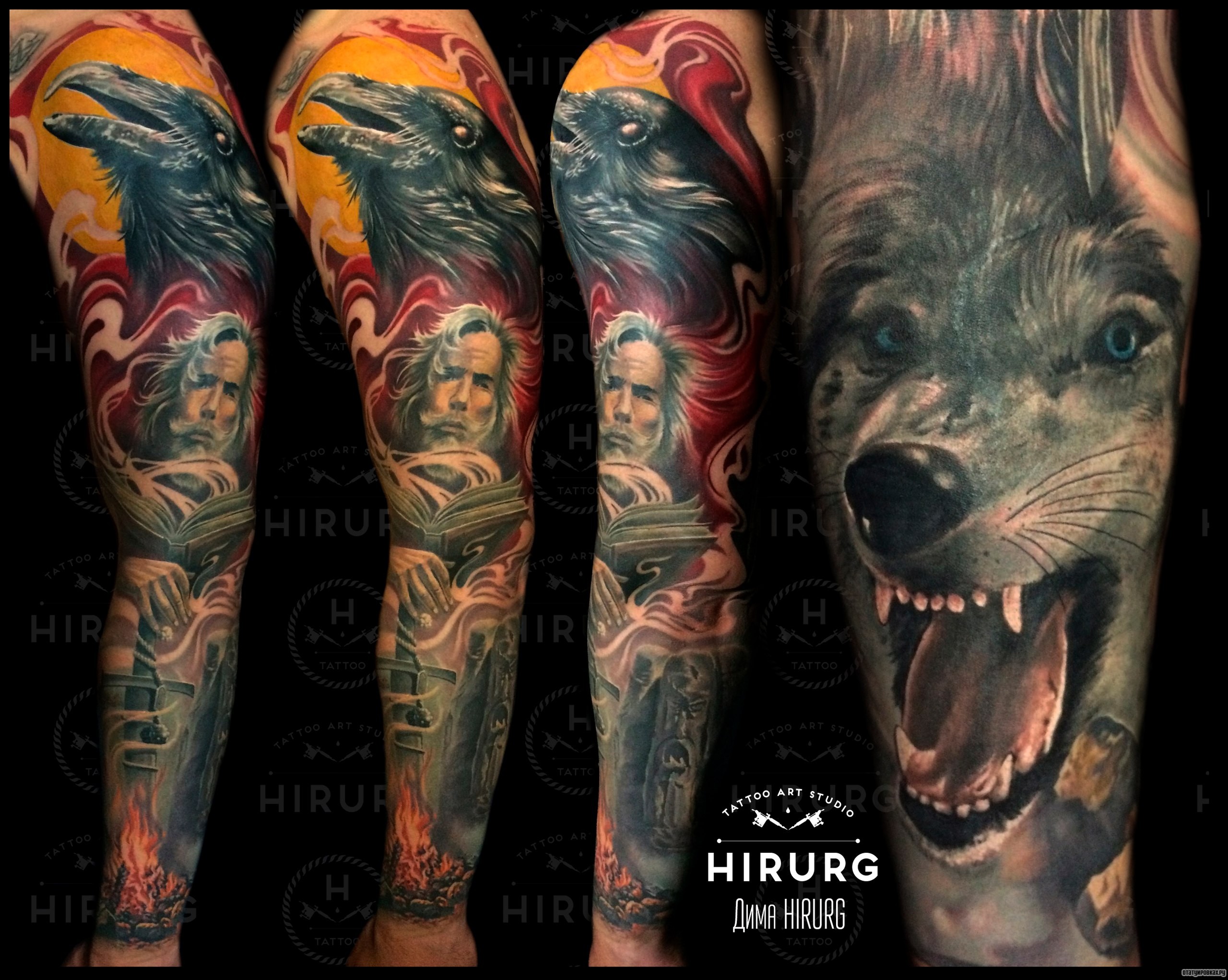 Фотография татуировки под названием «Волк, ворона и человек»