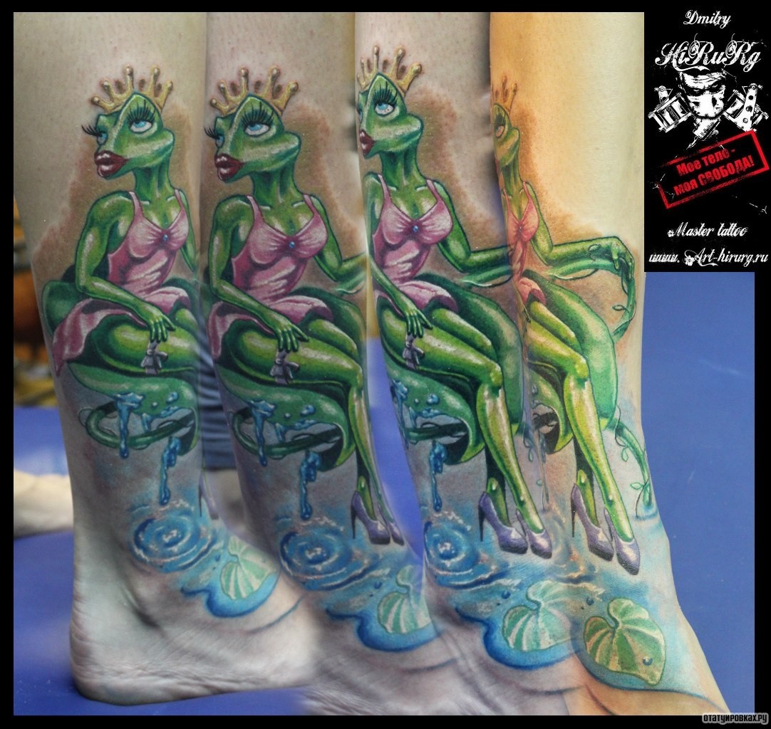 Фотография татуировки под названием «Зеленая мультяшная лягушка в короне»