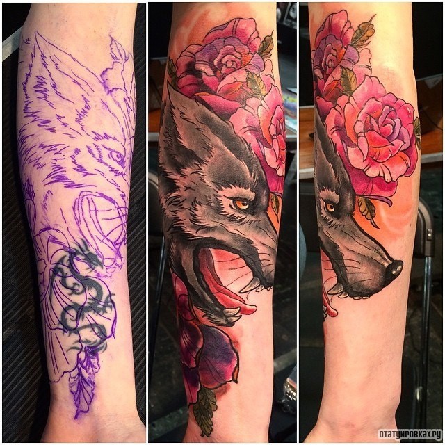 Фотография татуировки под названием «Волк и цветы»