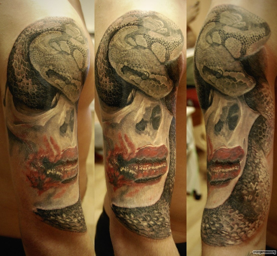 Фотография татуировки под названием «Череп девушки и змея»