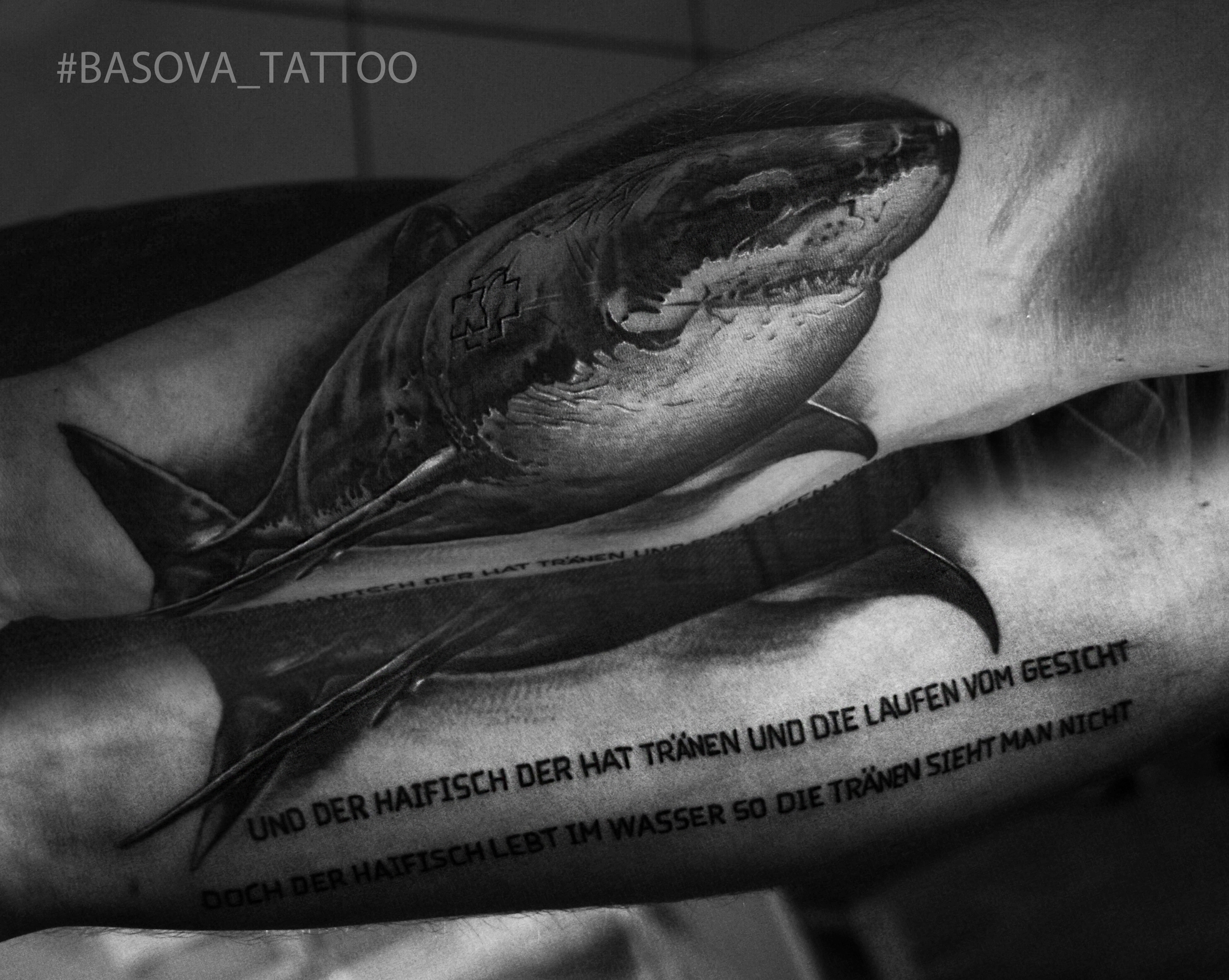 Фотография татуировки под названием «акула рамштайн»