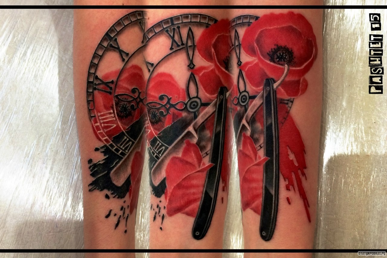 Фотография татуировки под названием «Мак, часы и бритва»