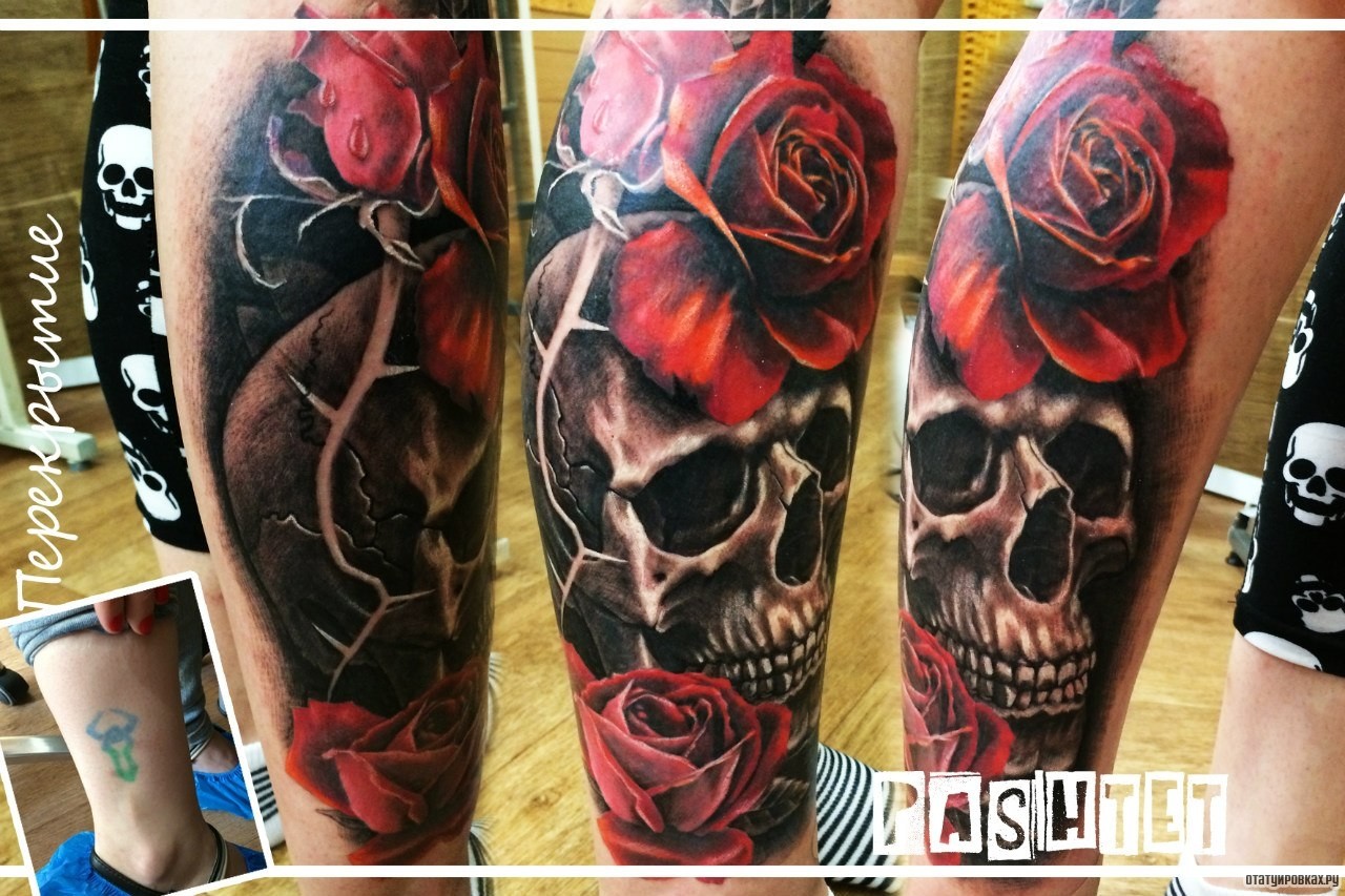 Фотография татуировки под названием «Розы со скелетом»