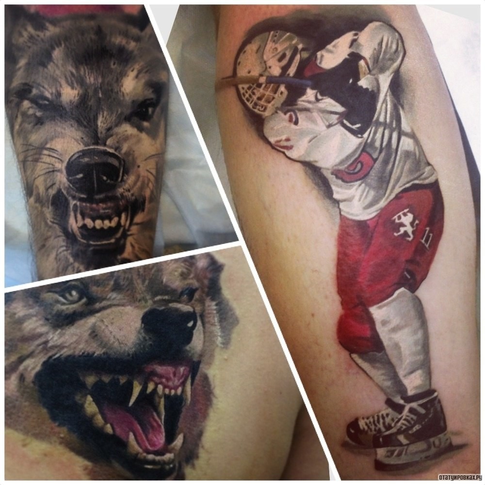 Фотография татуировки под названием «Хоккеист и оскал волка»