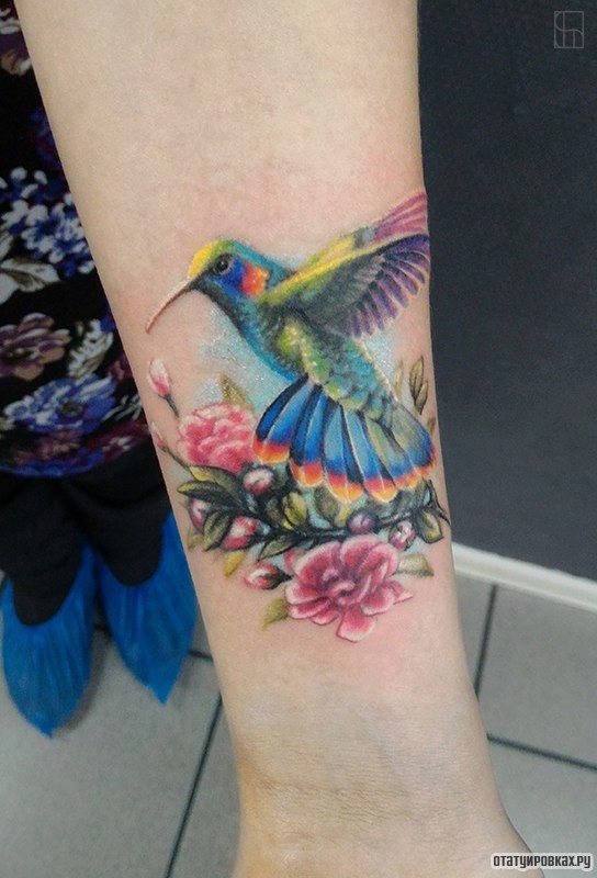 Фотография татуировки под названием «Колибри и цветы»