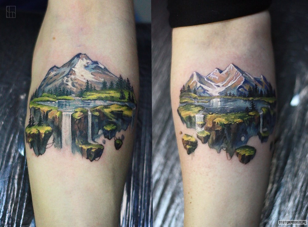 Фотография татуировки под названием «Природа, горы, водопад»
