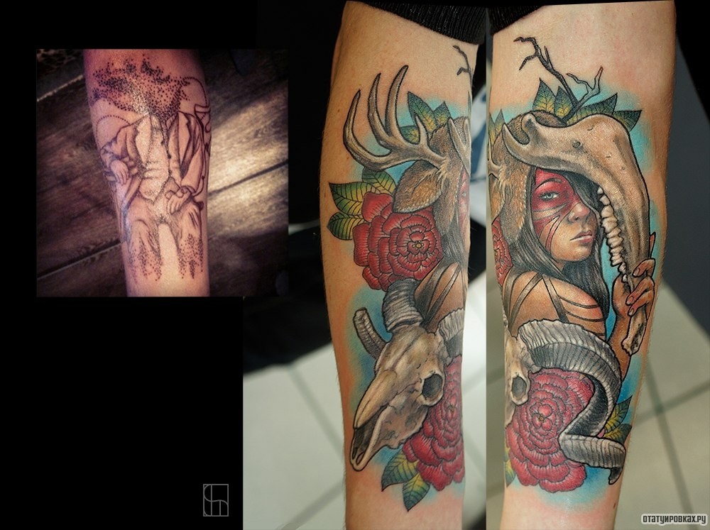 Фотография татуировки под названием «Девушка с черепом животного и цветами»