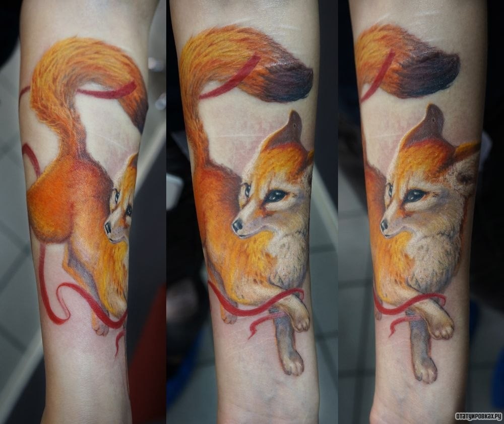 Фотография татуировки под названием «Лиса и красная лента»