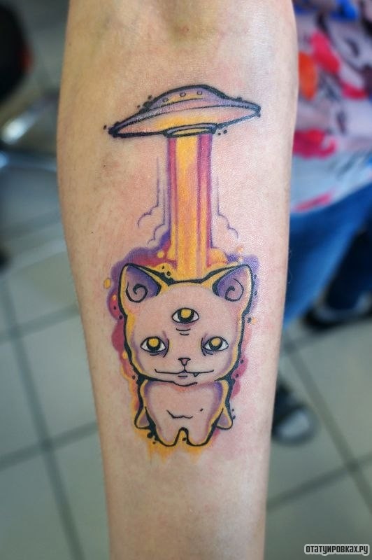 Фотография татуировки под названием «Котенок и летающая тарелка»
