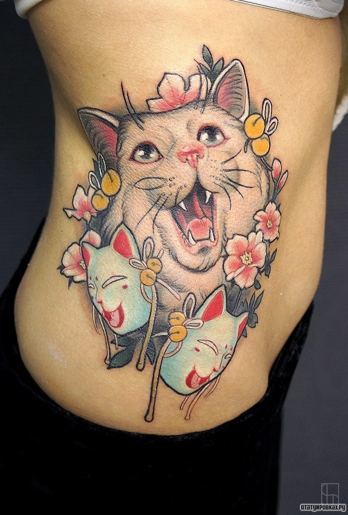 Фотография татуировки под названием «Кот в цветах»