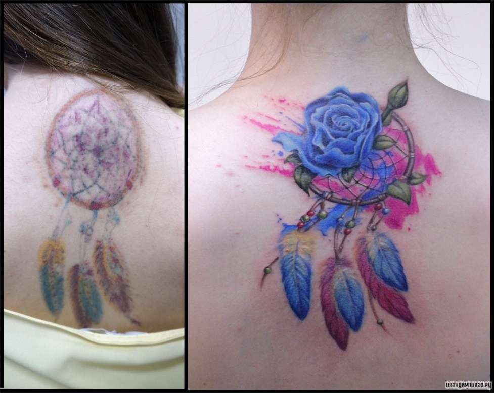 Фотография татуировки под названием «Ловец снов с синей розой»