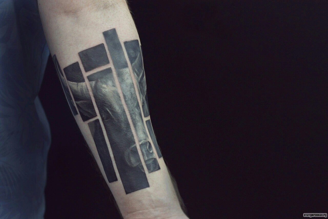 Фотография татуировки под названием «Буйвол в квадратах»