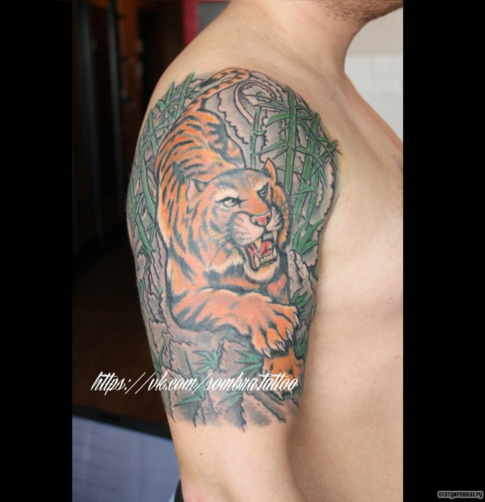 Фотография татуировки под названием «Тигр в траве»