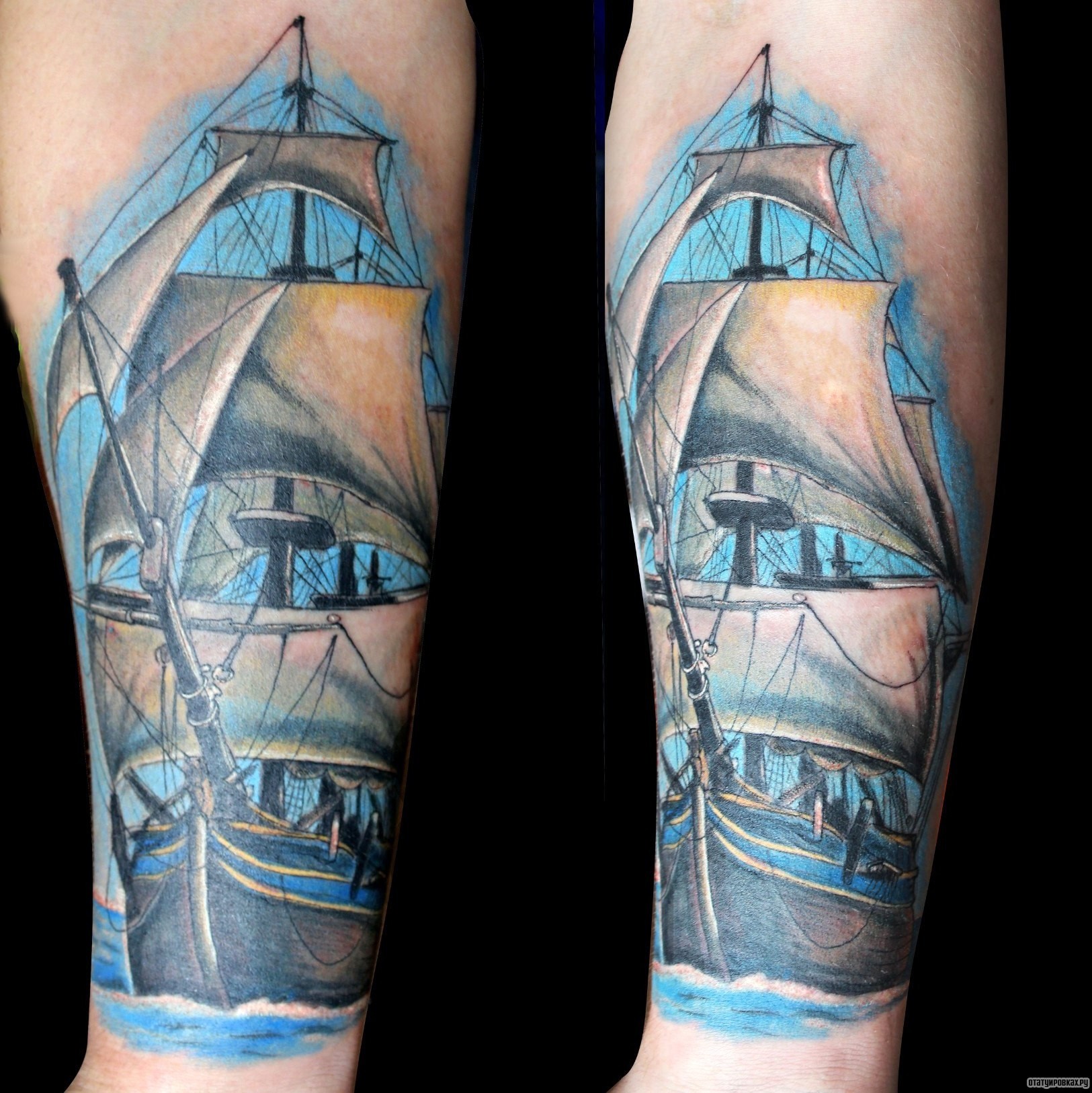 Фотография татуировки под названием «Корабль парусник»