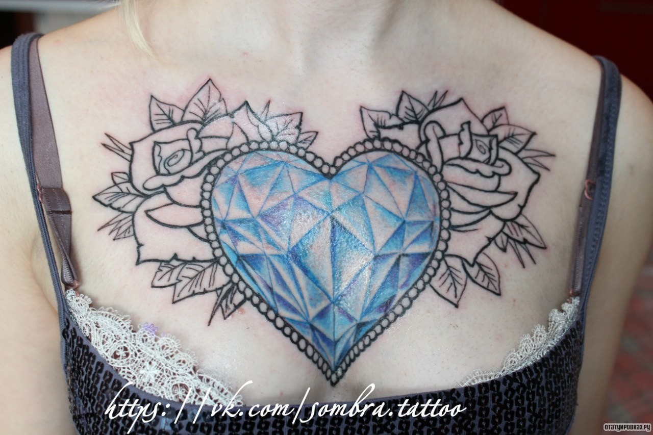 Фотография татуировки под названием «Голубое сердце и розы»