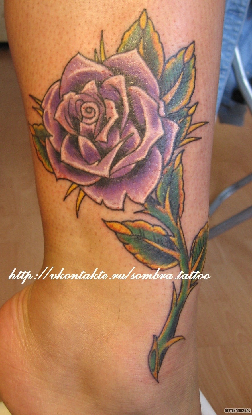 Фотография татуировки под названием «Сиреневая роза с шипами»
