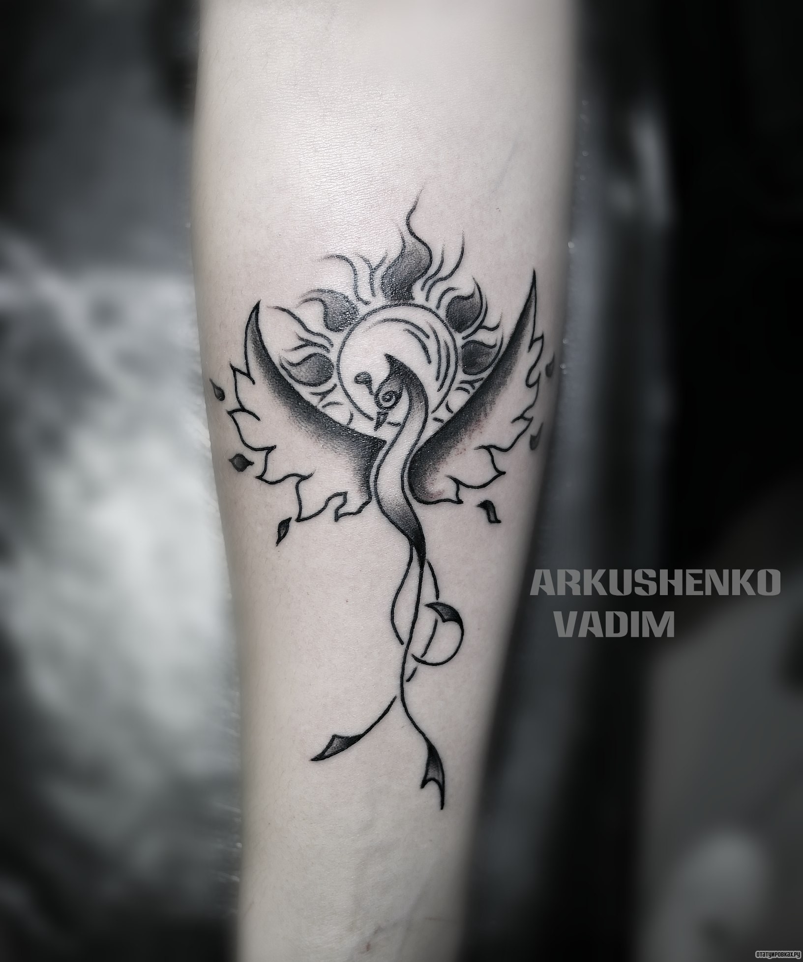 Фотография татуировки под названием «Жар птица на фоне солнца»