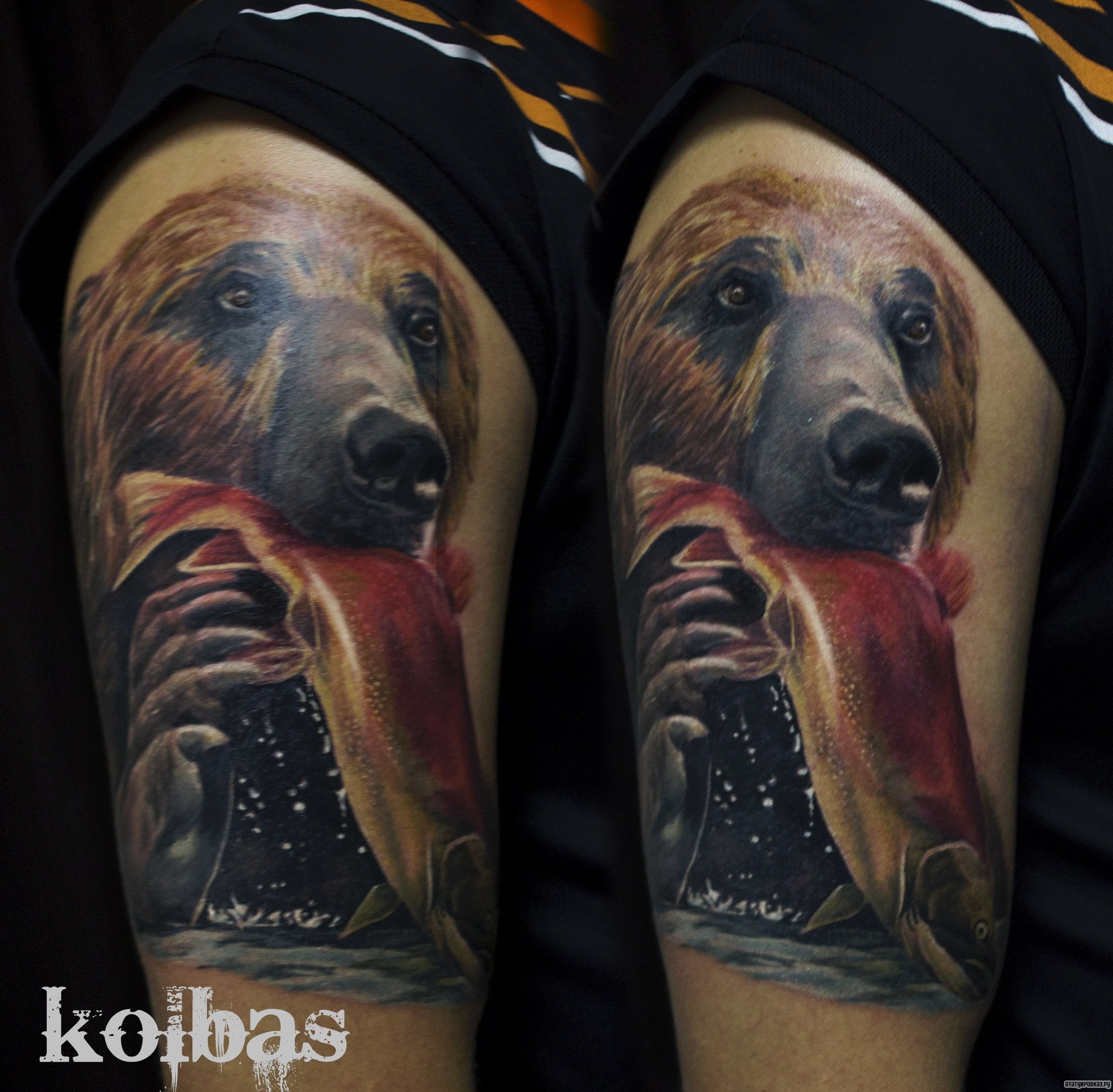 Фотография татуировки под названием «Медведь поймал рыбу»