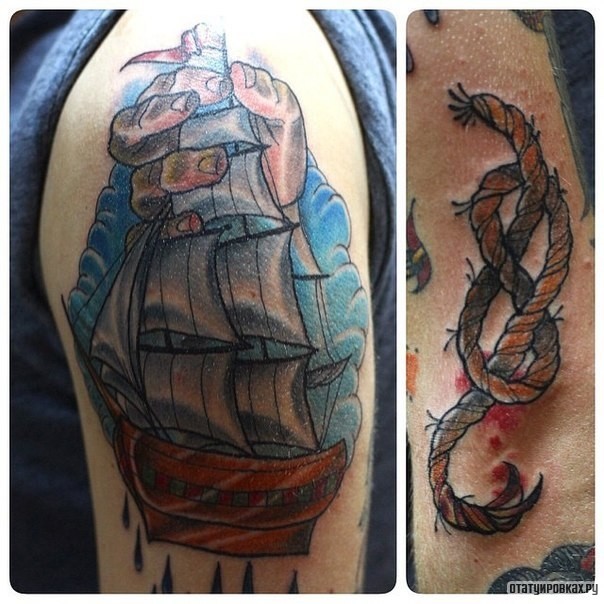 Фотография татуировки под названием «Корабль с веревкой»