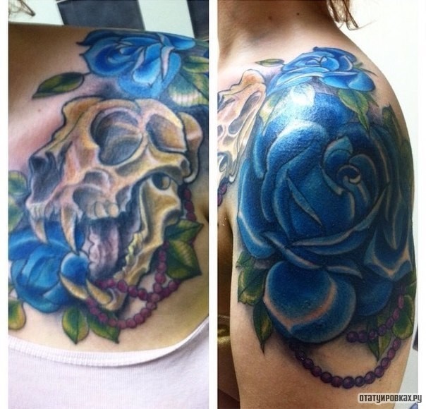 Фотография татуировки под названием «Череп животного и синяя роза»