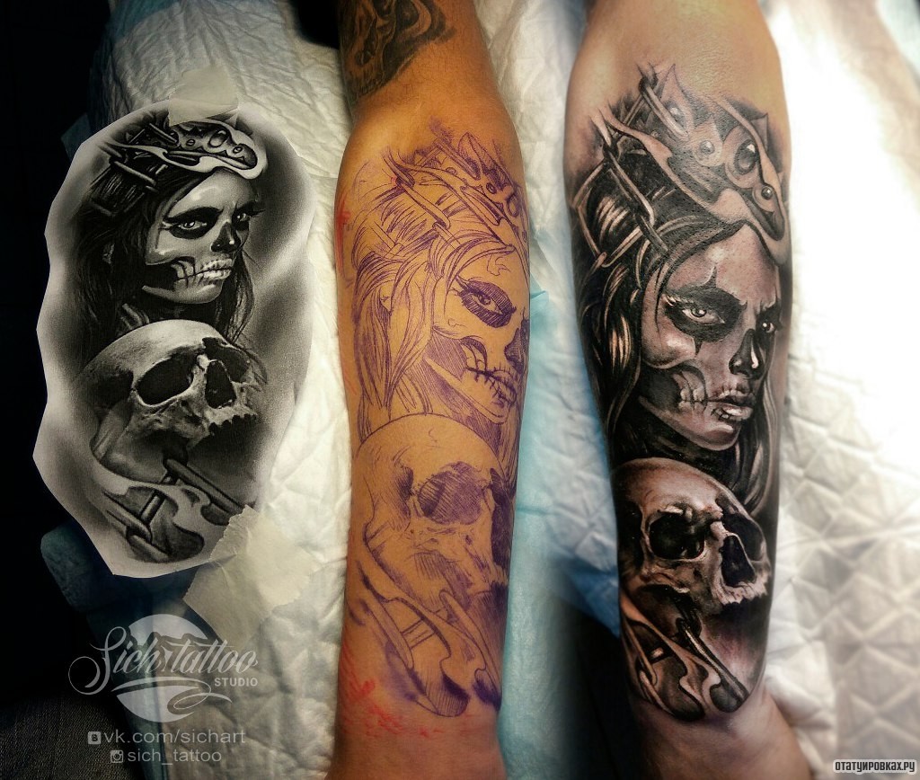 Фотография татуировки под названием «Лицо девушки чикано и череп»