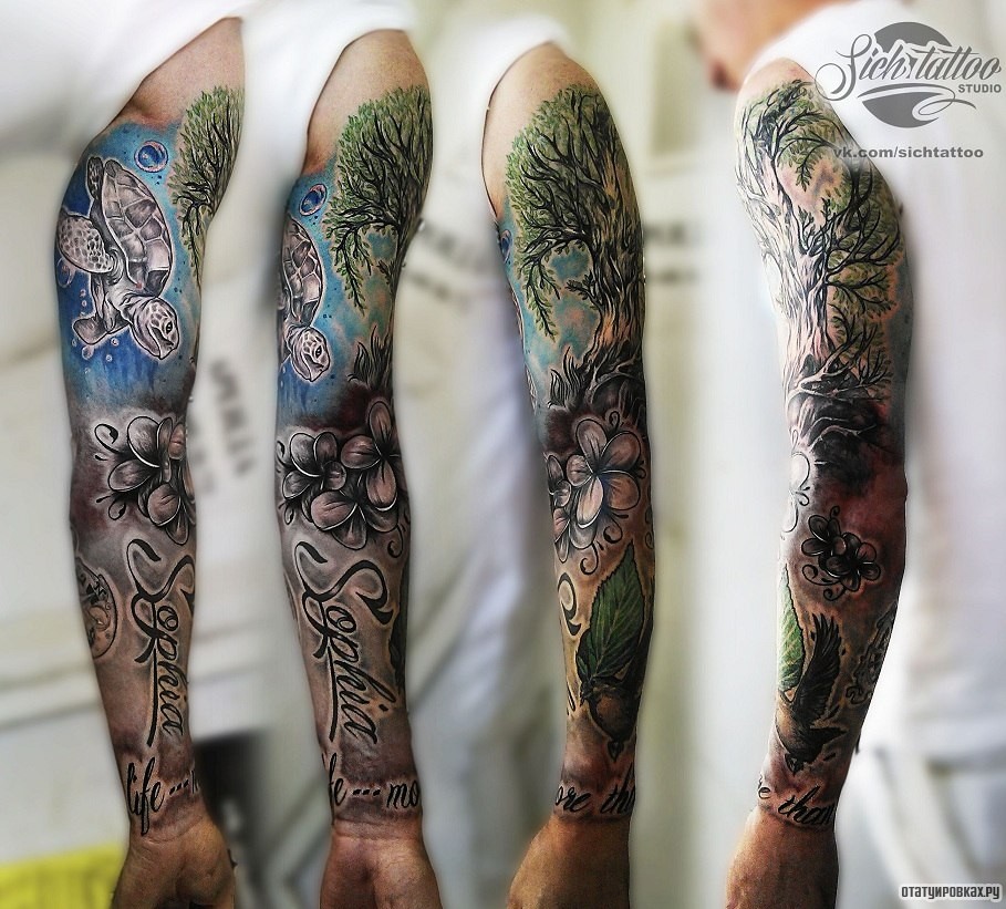 Фотография татуировки под названием «Черепаха, дерево, цветы и надпись»