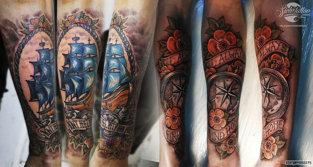 Фотография татуировки под названием «Компас, цветы и надпись на ленте»
