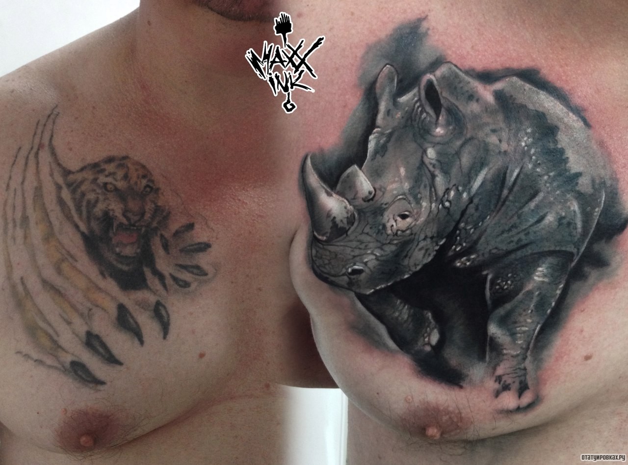 Фотография татуировки под названием «Носорог перекрытие»