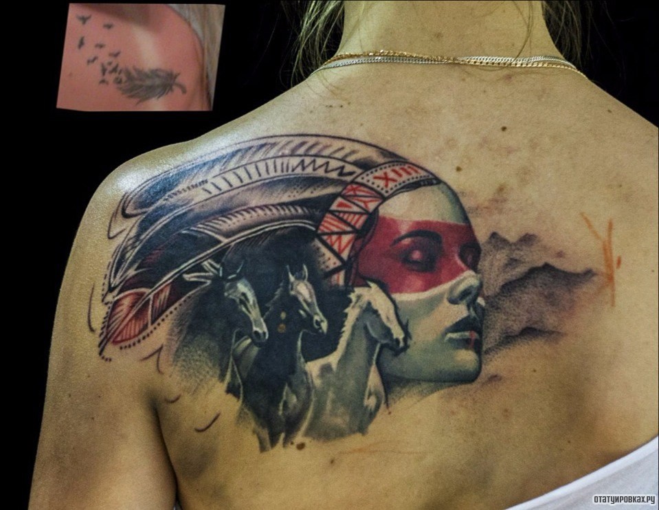 Фотография татуировки под названием «Лицо девушки индейца и три коня»