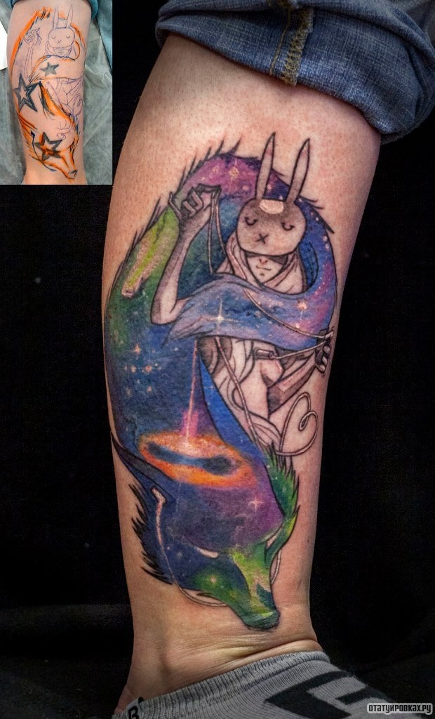Фотография татуировки под названием «Заяц и волк»