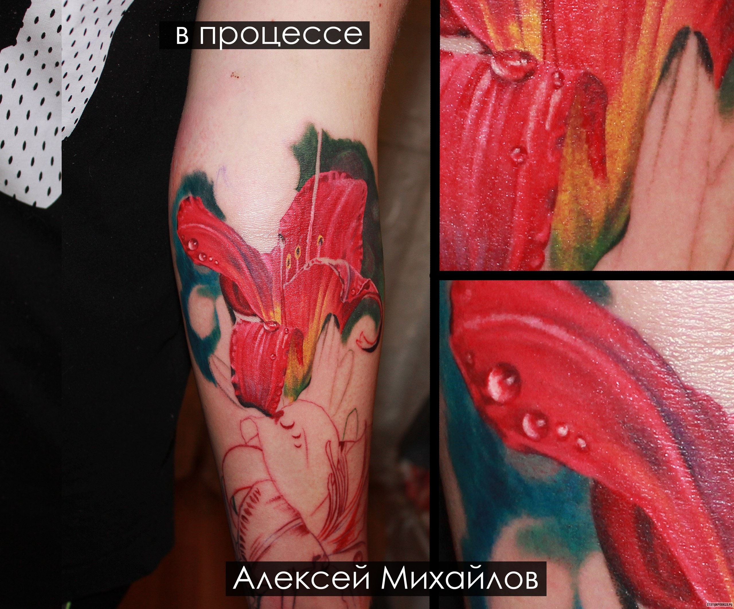 Фотография татуировки под названием «Лилия алая с росой»