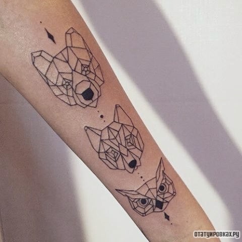 Фотография татуировки под названием «Морды медведя, лисы, совы»