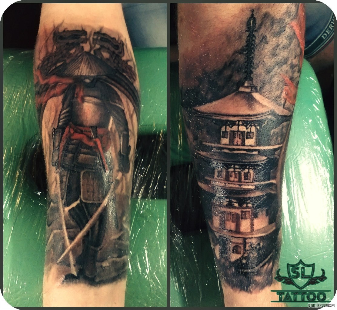 Фотография татуировки под названием «Самурай и здание»