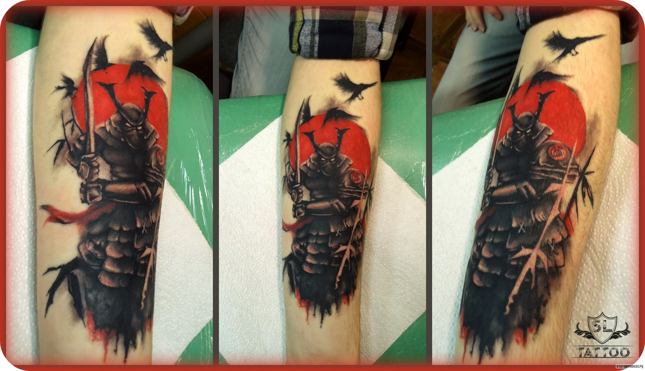 Фотография татуировки под названием «Самурай на фоне красного солнца с птицами»
