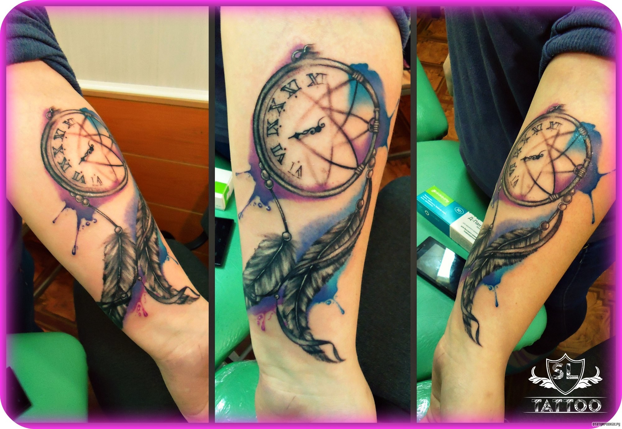 Фотография татуировки под названием «Часы в виде ловца снов»